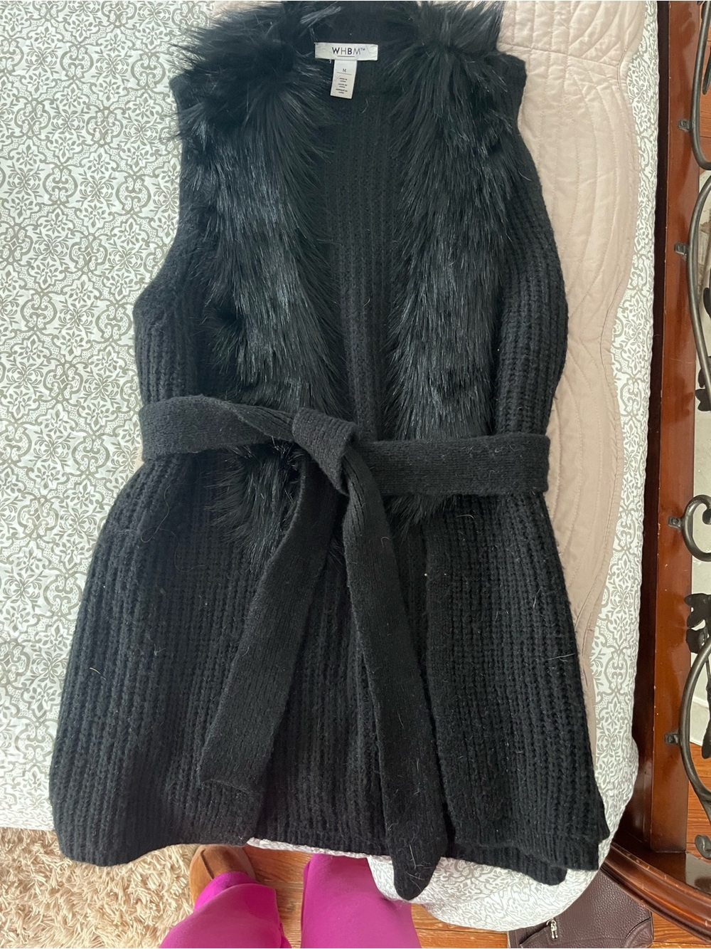 White House Black Market Black Faux-Fur Trim Knit Belted Girls' Dress Vest